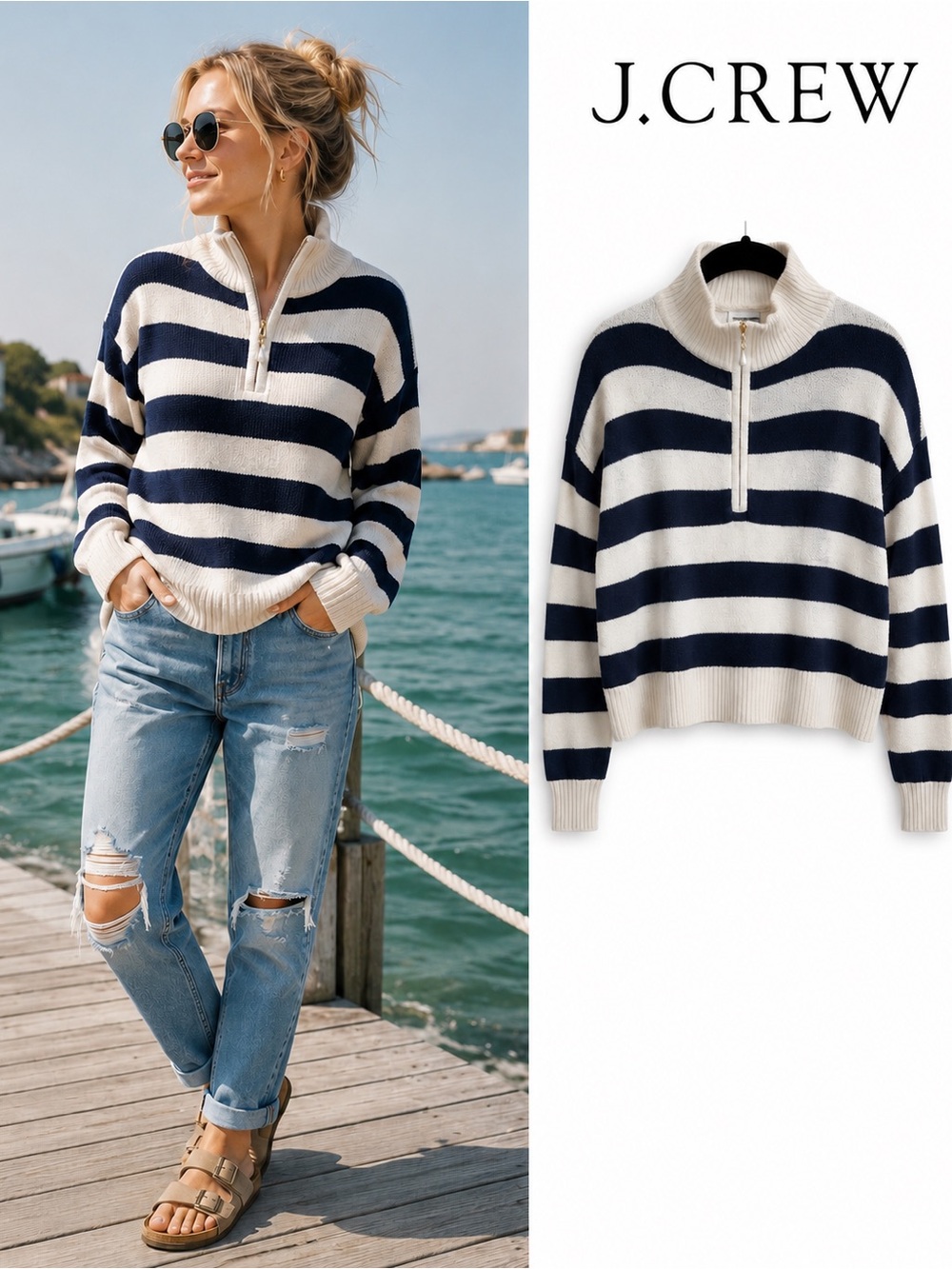 J.Crew Factory Striped Half-Zip Sweater with Pearl Zipper